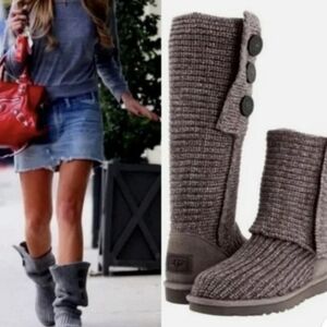 UGG Australia Cardy Knit Wool Blend Classic Grey Tall Sweater Boots Wood Buttons